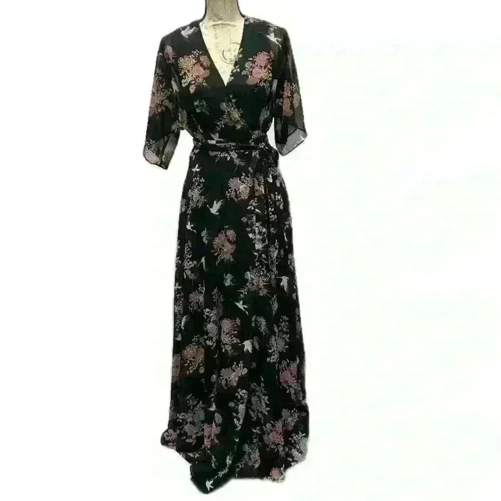 Lulus Sweet Bouquet Black Floral Print Wrap Maxi Dress Size Small - Picture 4 of 12